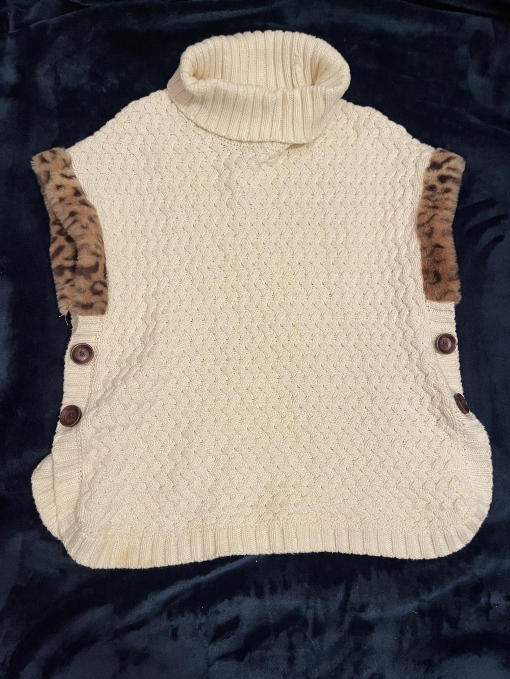 Cream Cable-Knit Turtleneck Poncho with Leopard Faux-Fur Trim